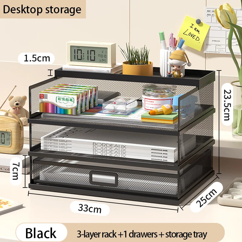 4-Tier Stackable Letter Tray Office Desk Paper Organizer File Trays, Desktop Holder for Paper Letter Accessories with Pen Holder