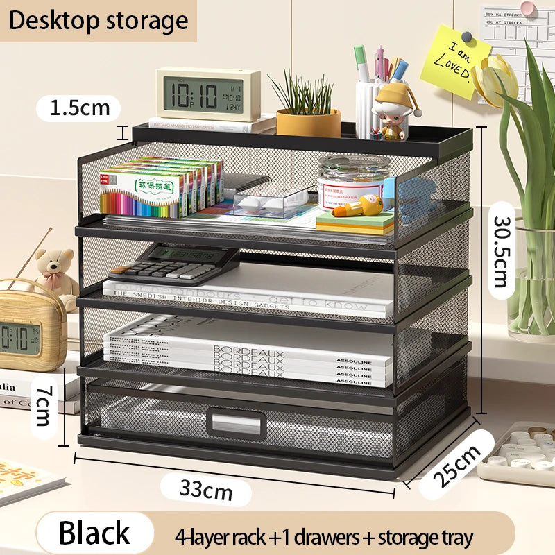 4-Tier Stackable Letter Tray Office Desk Paper Organizer File Trays, Desktop Holder for Paper Letter Accessories with Pen Holder