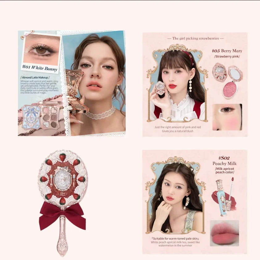 Flower Knows Strawberry Rococo Series Makeup Set Glitter Matte Eyeshadow Palette Blusher Power Velvet Lipstick Kit Perfume Set