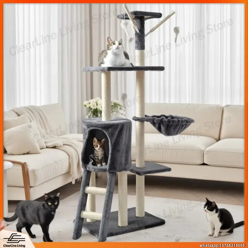Large Multi-Tier Cat Tree with Cozy Beds Cat House Sisal Wrapped Scratching Post and Teaser Wand for Indoor Cats Small Medium