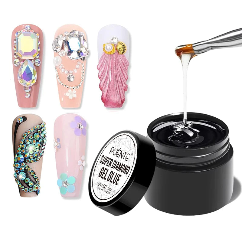 PUENTE Super Diamond Gel Glue No Wipe Strong Adhesive Diamond Sticky Gel Transparent 3D Nail Art UV Gel Polish Nail Decoration