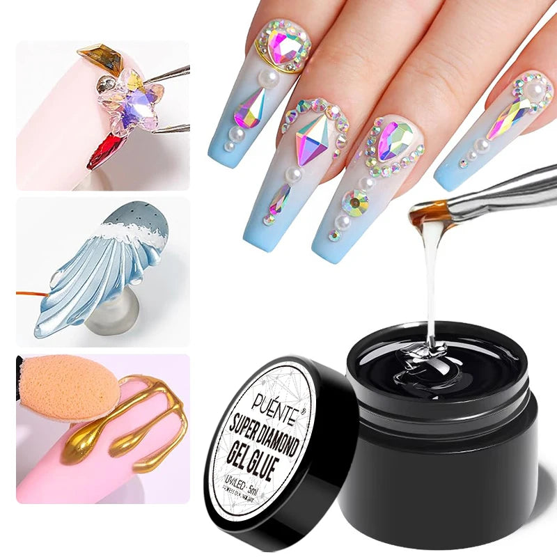PUENTE Super Diamond Gel Glue No Wipe Strong Adhesive Diamond Sticky Gel Transparent 3D Nail Art UV Gel Polish Nail Decoration