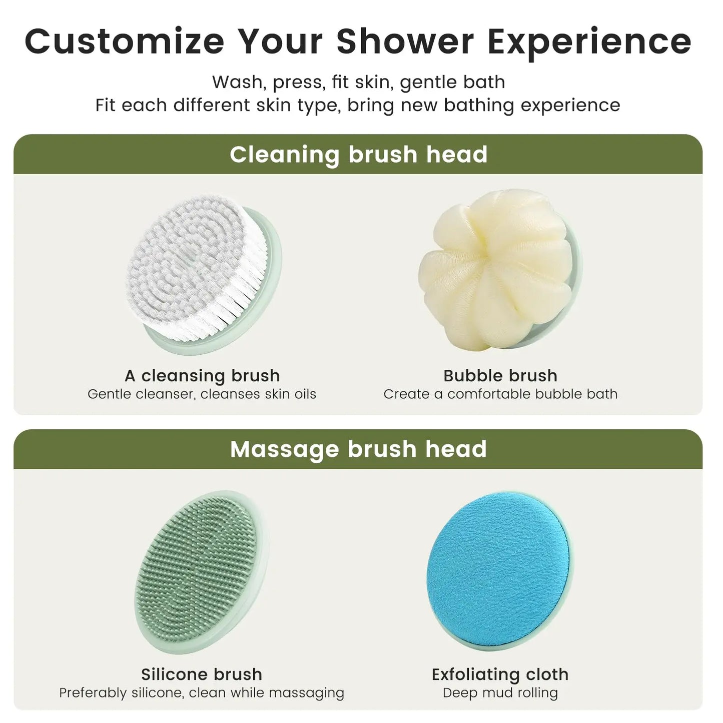 Electric Body Brush 4 Heads Waterproof Long Handle Shower Back Scrubber USB Rechargeable Exfoliating Bath Cleaning Brush