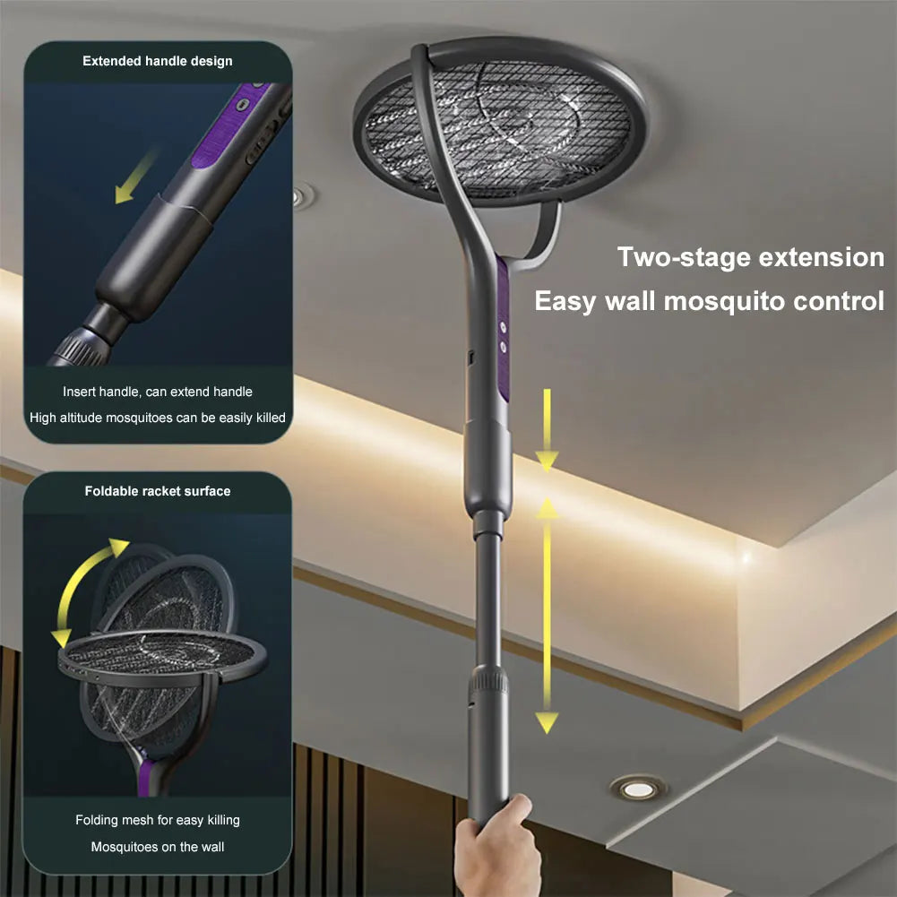 NEW USB Electric Fly Swatter Extendable Mosquito Swatter with Rotating Head 2 in 1 Mosquito Trap Light for Camping Home Garden