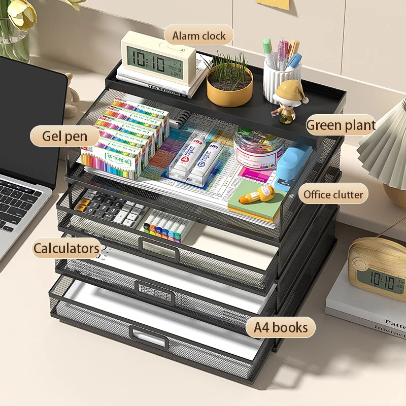 4-Tier Stackable Letter Tray Office Desk Paper Organizer File Trays, Desktop Holder for Paper Letter Accessories with Pen Holder