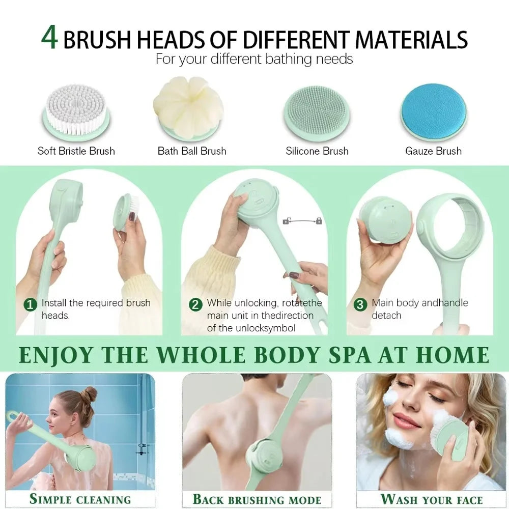 Electric Body Brush 4 Heads Waterproof Long Handle Shower Back Scrubber USB Rechargeable Exfoliating Bath Cleaning Brush