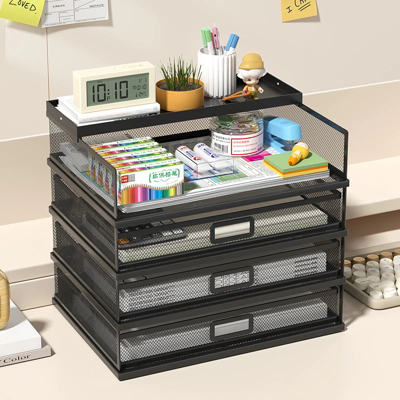 4-Tier Stackable Letter Tray Office Desk Paper Organizer File Trays, Desktop Holder for Paper Letter Accessories with Pen Holder