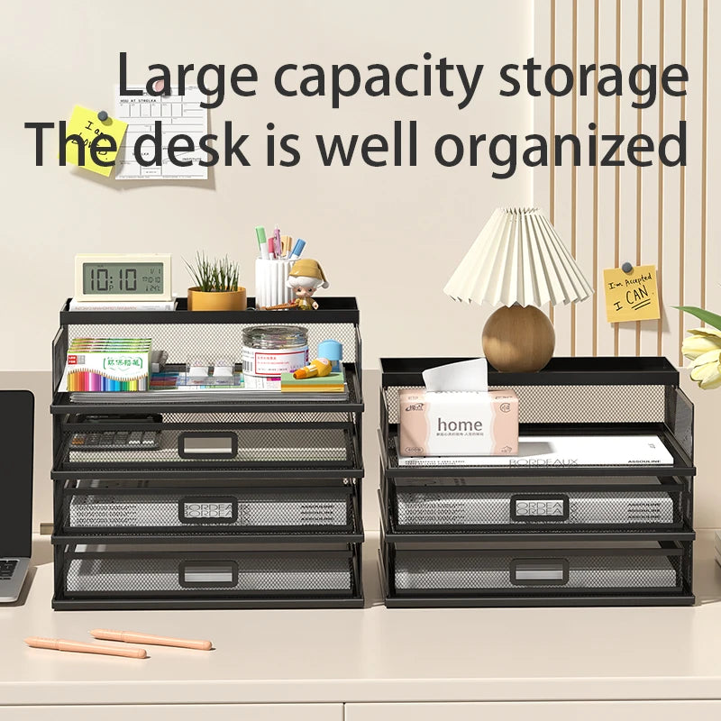 4-Tier Stackable Letter Tray Office Desk Paper Organizer File Trays, Desktop Holder for Paper Letter Accessories with Pen Holder