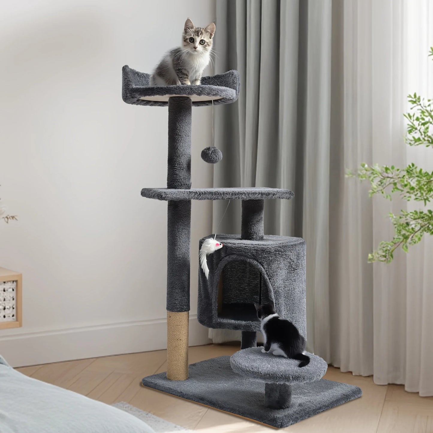 Large Multi-Tier Cat Tree with Cozy Beds Cat House Sisal Wrapped Scratching Post and Teaser Wand for Indoor Cats Small Medium